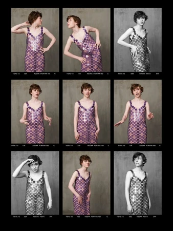 Young woman in sequin dress shown in a contact sheet with multiple poses against a mottled grey background in a fashion photography setting.
