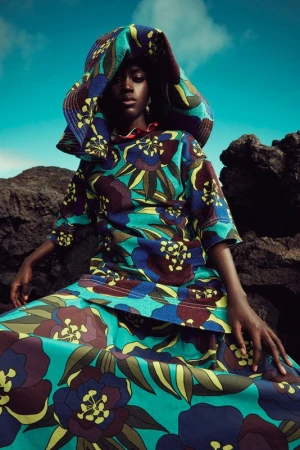 Model in vibrant blue and floral patterned matching top, skirt, and head covering seated outdoors among dark volcanic rocks.
