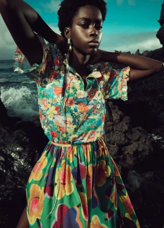 An African woman poses outdoors, wearing a colorful floral shirt and skirt by the ocean. The ocean waves can be seen in the background.