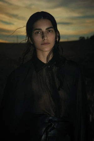Portrait of a woman with dark wavy hair wearing a black sheer shirt against an outdoor twilight sky, photographed by Sofia & Mauro.