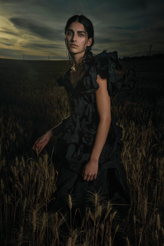 Portrait of a woman in a black ruffled dress standing in a wheat field against a dramatic sunset sky, fashion editorial.