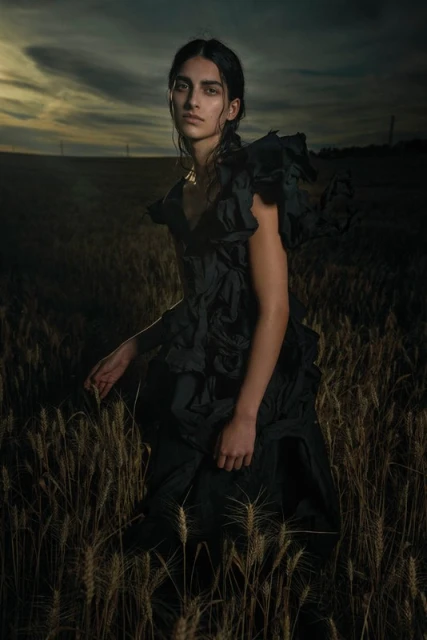 Portrait of a woman in a black ruffled dress standing in a wheat field against a dramatic sunset sky, fashion editorial.