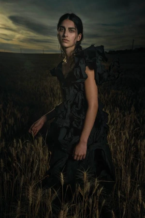Portrait of a woman in a black ruffled dress standing in a wheat field against a dramatic sunset sky, fashion editorial.