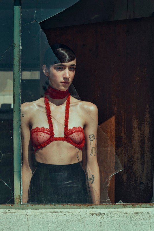 Indoor portrait of a young adult woman with dark hair wearing a red bra and choker, seen through broken window glass. Fashion shot.