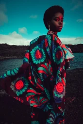 Black woman wearing a vibrant patterned kimono standing near water under a dramatic teal and red sky.