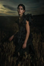 Woman in a dark ruffled dress standing in a wheat field under a dramatic twilight sky photographed by Sofia & Mauro