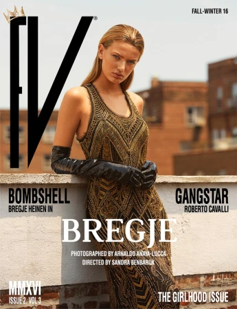 Model Bregje Heinen in a beaded gold dress and black patent gloves leaning on a rooftop ledge for magazine editorial