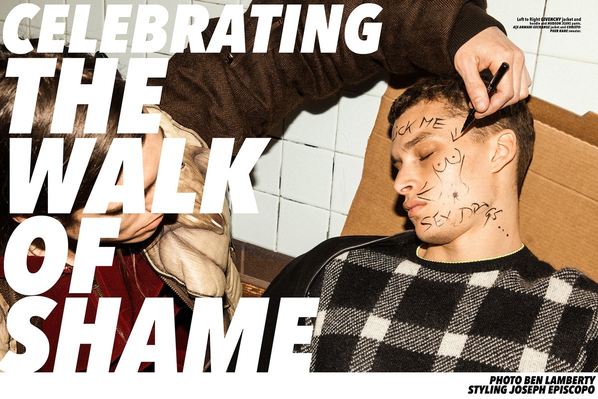 Editorial fashion shot of two male models, one lying down with graffiti on his face, styled in Givenchy jacket and hoodie with vintage jewelry.
