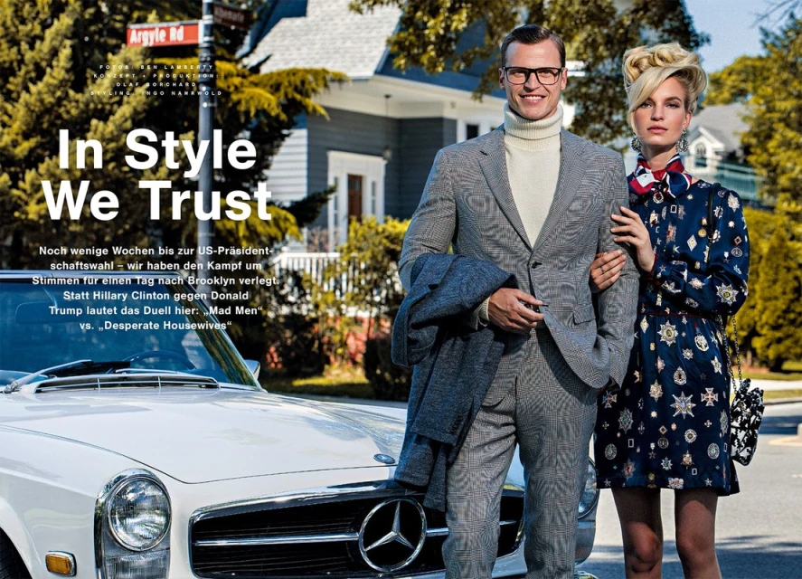 Man and woman in retro fashion standing next to a vintage white car in front of a house. Editorial fashion photography.