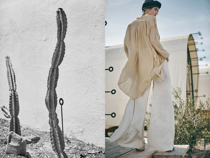 Split-screen image: two cacti against a wall in black and white contrasted with a model in an oversized shirt and palazzo pants outdoors.