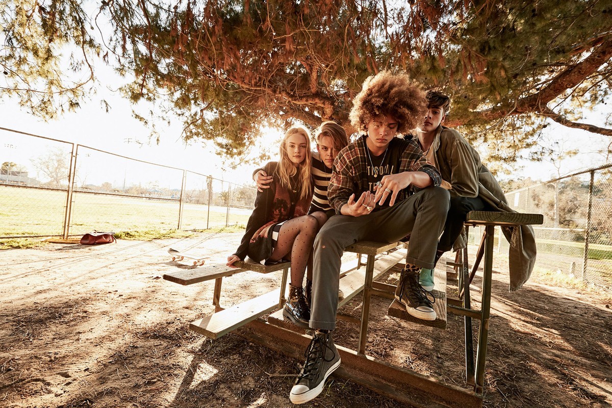 Group of young adults in casual fashion sitting outside on a sunny day, styled for editorial fashion or lifestyle content.