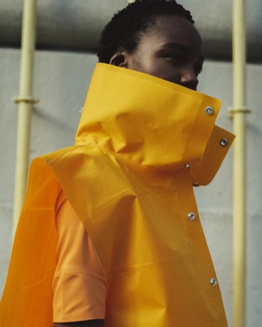 Fashion shot of a person in a yellow vinyl-like oversized coat with an oversized collar against a neutral concrete background.