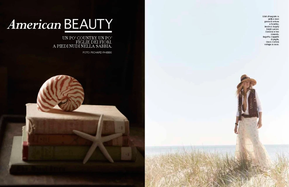Fashion editorial featuring a model in a maxi skirt and a still life of books, seashell, and starfish in soft, natural light.
