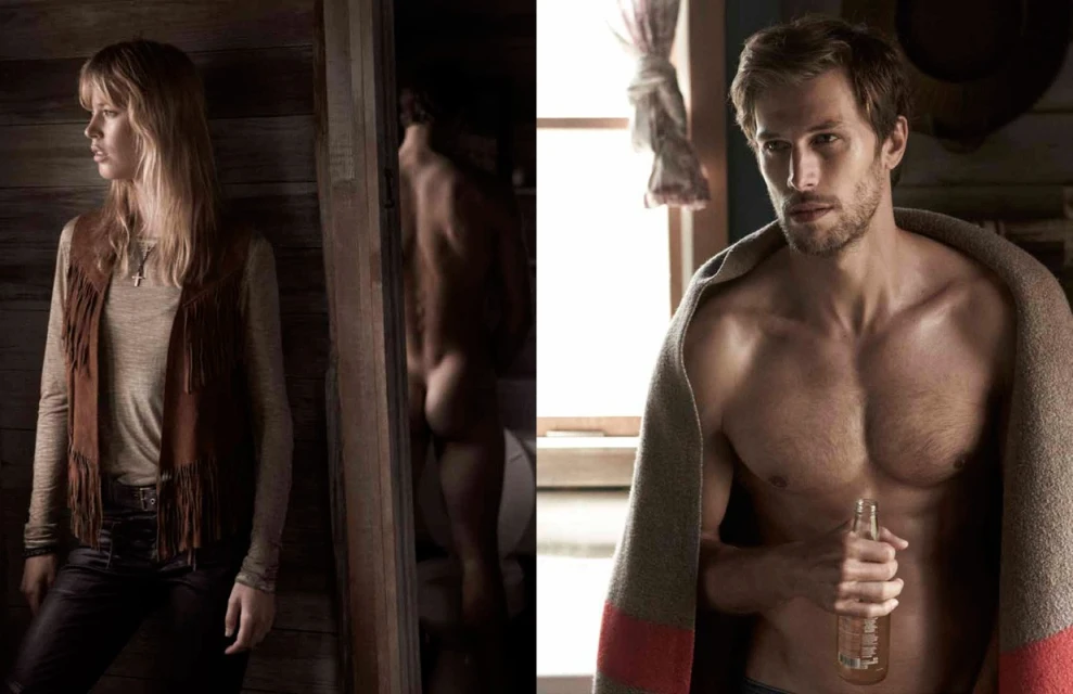 A woman in a fringe vest stands next to a man with a towel and bottle, split image, fashion, indoor setting, muted colors.
