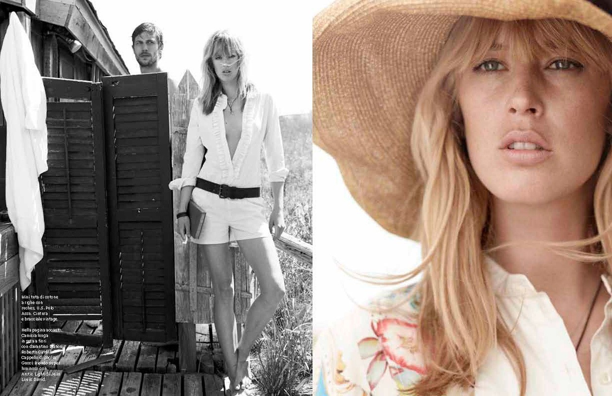 Black and white fashion editorial image featuring a blonde model in a white romper and a man outside a rustic building, and a close up color portrait.