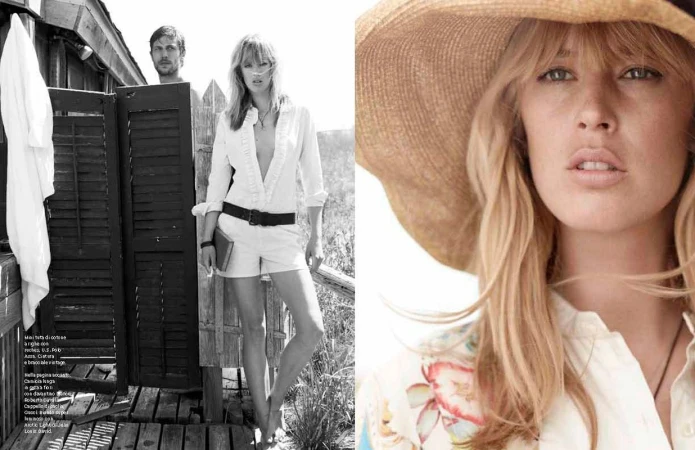 Black and white fashion editorial image featuring a blonde model in a white romper and a man outside a rustic building, and a close up color portrait.