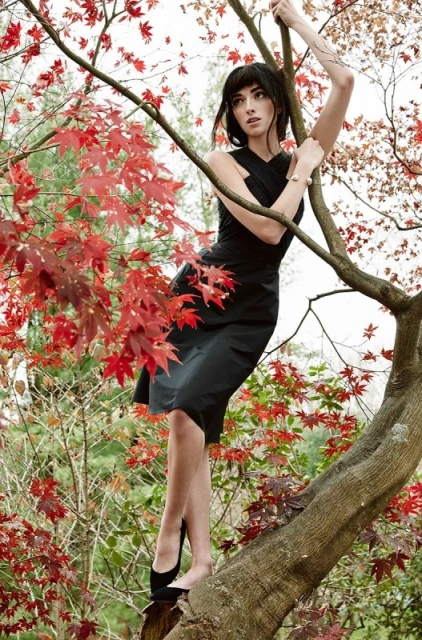 A striking portrait of a brunette woman in a black dress, elegantly posed on a tree branch amid vibrant red leaves and foliage outdoors.