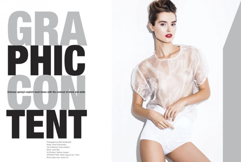 Fashion editorial shot of a woman in white underwear and sheer top, posing against a bright white background with large graphic text.