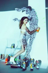 Woman in mesh dress and white boots posing amongst spray paint cans with a projected graffiti figure on the wall behind her