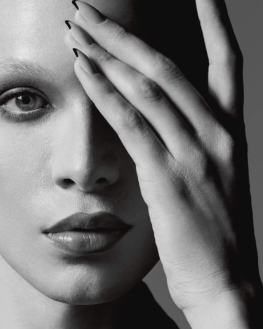 Monochrome portrait of a woman with hand covering part of her face, showcasing her glossy lips and manicured nails.