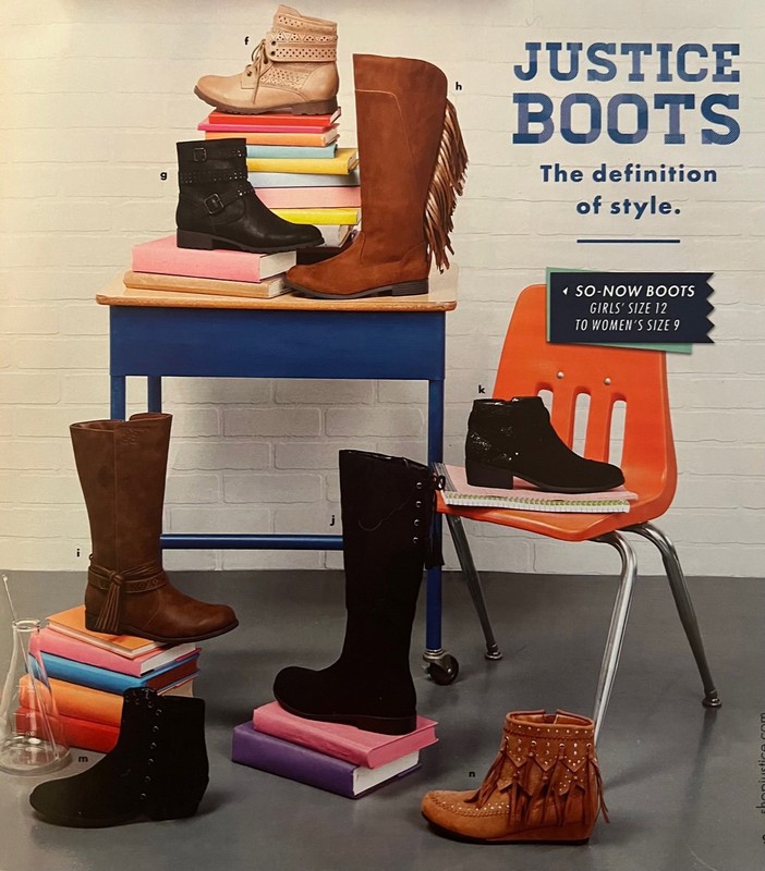 Fashion advertisement featuring several pairs of boots on a school desk and chair, in a studio setting, with neutral background.