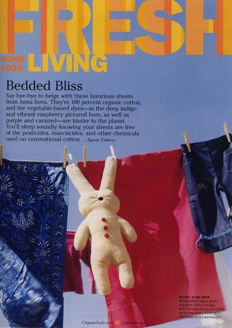 Magazine cover featuring a stuffed rabbit hanging on a clothesline with linens against a sky background. 'Fresh' is the title.
