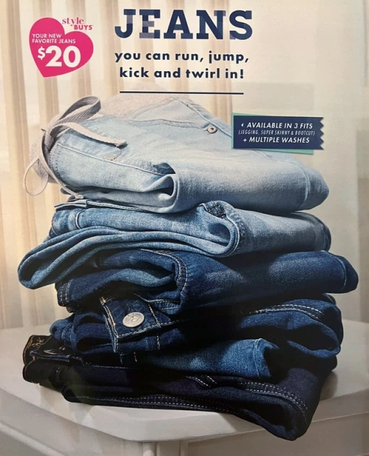 Stack of folded denim jeans on a white table, advertising Style Buys for $20, promoting the availability in three fits and multiple washes.