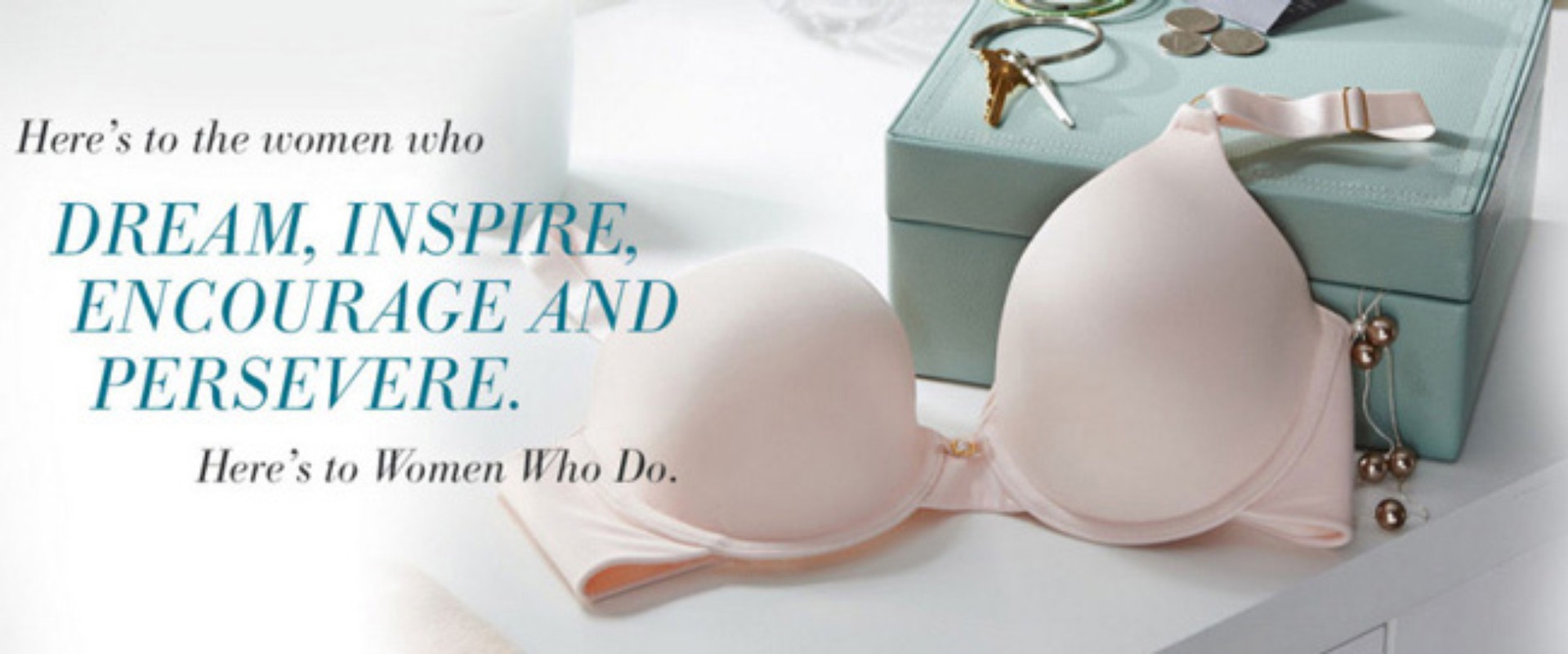 Still life of a light pink bra on a white surface with a light teal jewelry box, keys, and coins in the background. Supportive text overlay.