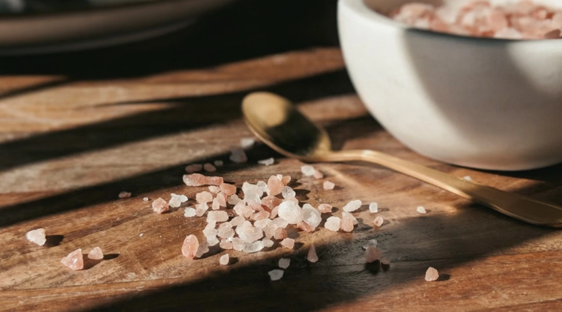 Close-up of pink Himalayan salt crystals scattered on a wooden surface, with a gold spoon and a ceramic bowl in the background.