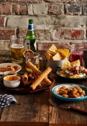 A rustic wooden table spread with Mexican-style appetizers, including taquitos, tortilla chips, queso dip, and drinks against a brick wall.