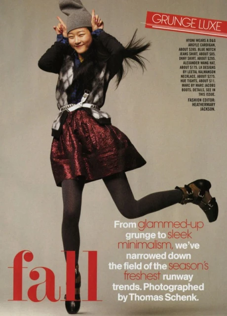 Fashion editorial shot of a young Asian woman wearing a beanie, argyle sweater vest, and red skirt, striking a pose with a smile.