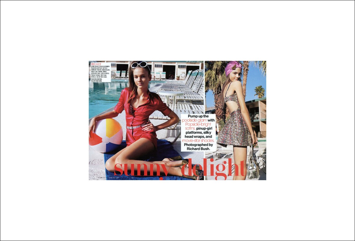Magazine fashion editorial featuring a model in a red outfit by a pool and another model in a patterned outfit with a head wrap.