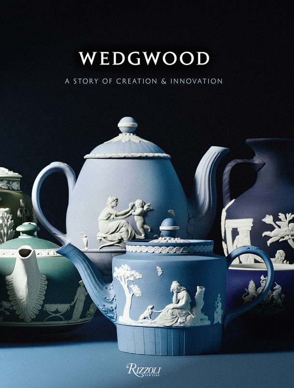 Wedgwood book cover featuring a collection of blue and green jasperware teapots and vases against a dark background, Rizzoli publishing.