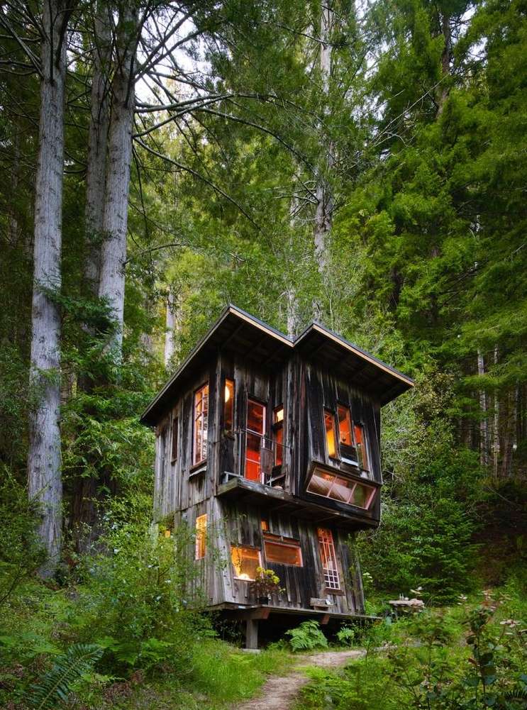 A whimsical two-story cabin nestled amongst tall trees in a lush green forest with light glowing from within the windows.
