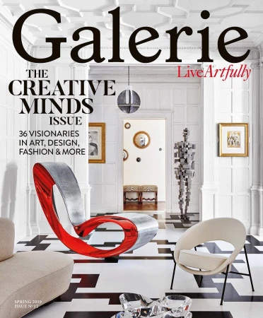 Magazine cover of Galerie featuring interior design, modern furniture, and artistic elements in a contemporary setting.