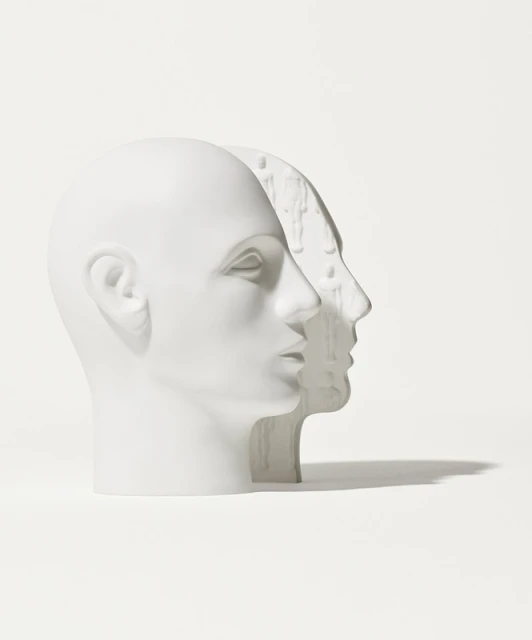 Side view of two white mannequin heads, one slightly offset and partially overlapping the other against a bright white background.