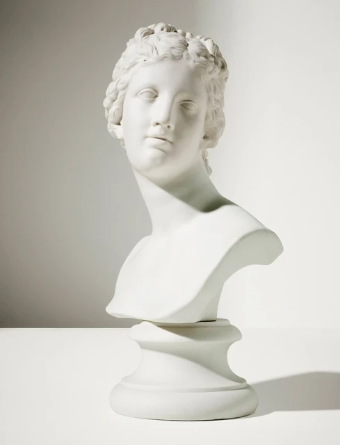 White marble bust of a woman with detailed hair and classical features, set against a plain white background with soft lighting and shadows.