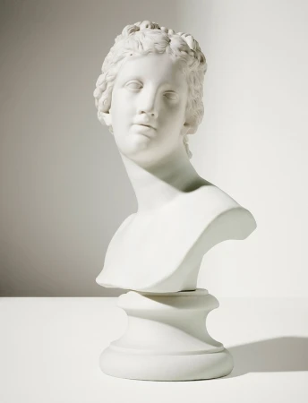 White marble bust of a woman with detailed hair and classical features, set against a plain white background with soft lighting and shadows.