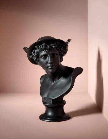 Bust of a statue with a hat and wings in a photo studio on a pink backdrop with shadows.