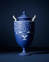 Blue ceramic urn with intricate white floral patterns and curved white handles centered against a dark blue background