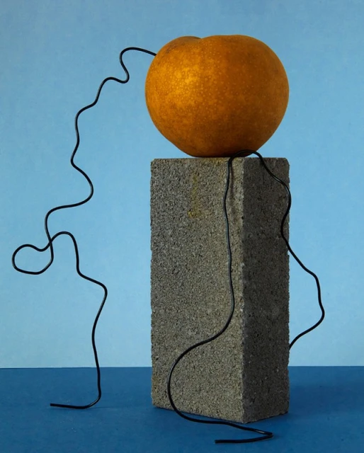 Still life photograph of an orange perched atop a gray brick, connected by a sinuous black cord against a gradient blue background.