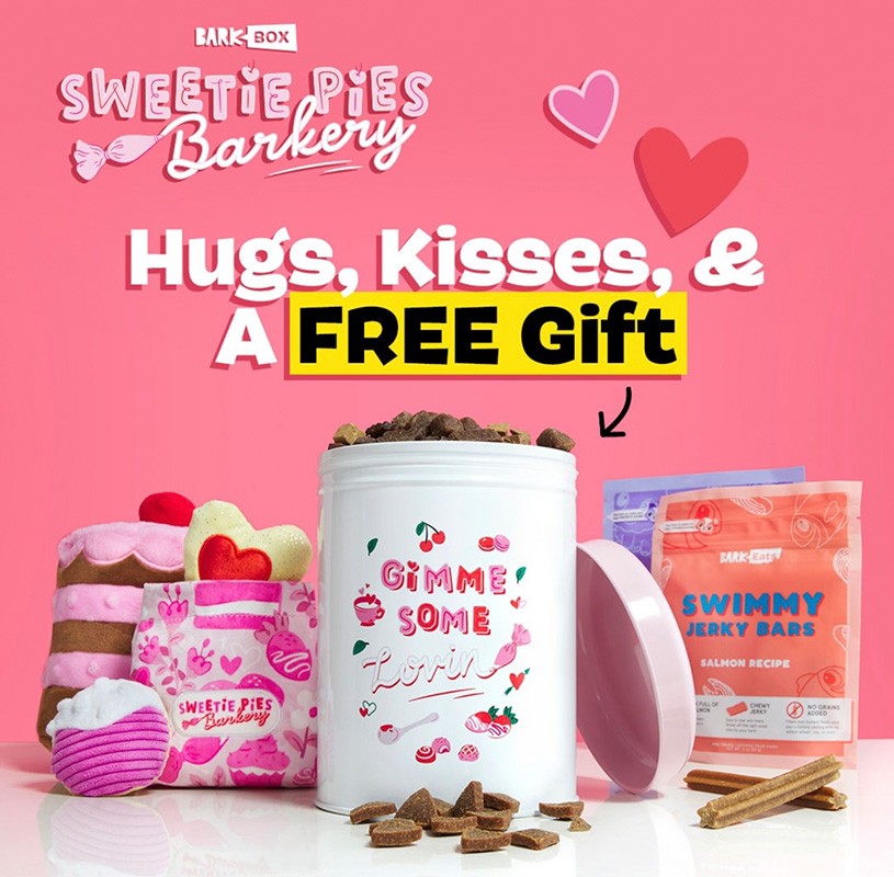 Promotional image for BarkBox Sweetie Pies Barkery products featuring dog treats, dog toys, and playful pink background.