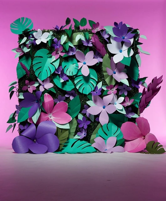 Vibrant square collage of paper craft plants and flowers in green, purple, and pink hues against a soft pink gradient backdrop.