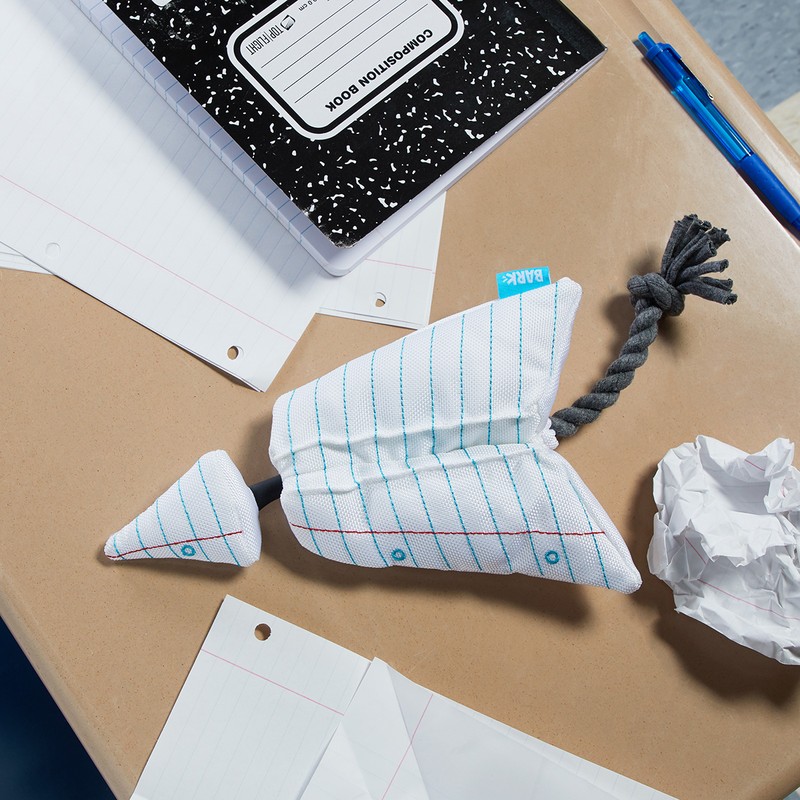 Dog toy resembling a notebook on a desk with a notebook, crumpled paper, and a pen. Creative dog toy for a pet.