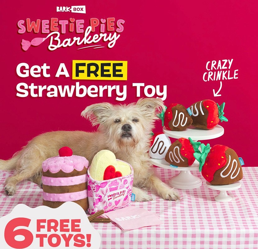 Dog lying next to plush cupcake and heart toys against a pink backdrop with Bark Box Sweetie Pies Bakery ad text. Dog toy advertisement.