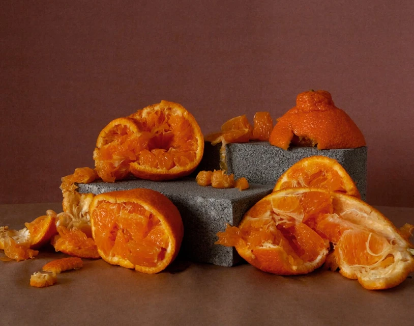 Still life featuring peeled and sectioned tangerines arranged on grey geometric blocks against a plain reddish-brown background. Food photography.