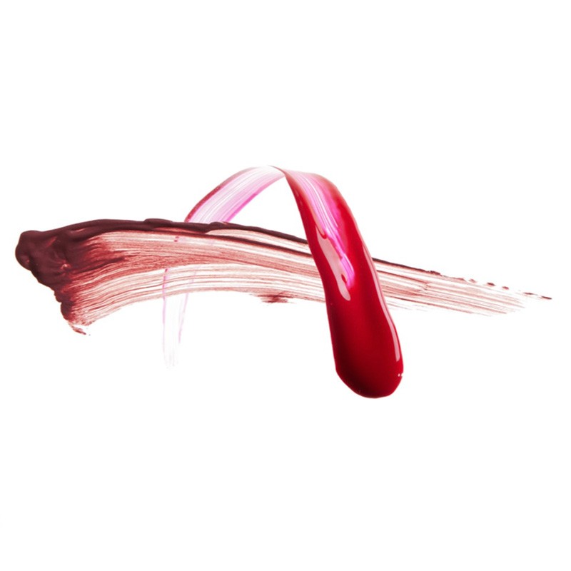 Abstract smear of pink and burgundy lip gloss or cosmetic product against a white background in horizontal orientation.
