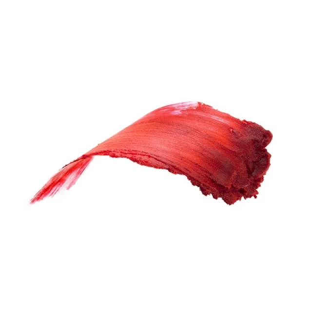 Close-up of a vibrant red lipstick smear on a white background, showcasing texture and color for beauty and makeup concepts.