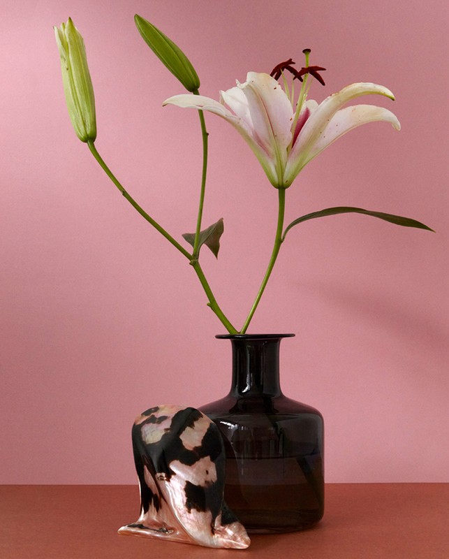 White lily in a dark glass vase next to a small patterned object on a red surface against a pink background
