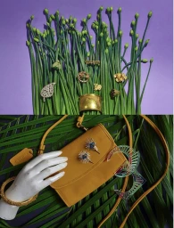 Split-frame still life featuring jewellery on green stems against purple above, and on a mustard leather bag with palm leaves below.